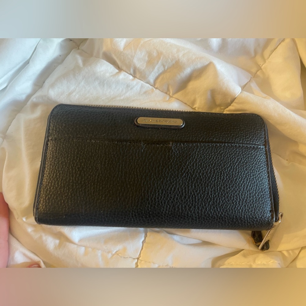 Dana Bachman Black Pebbled Leather Zip-Around Wallet with Silver Plaque